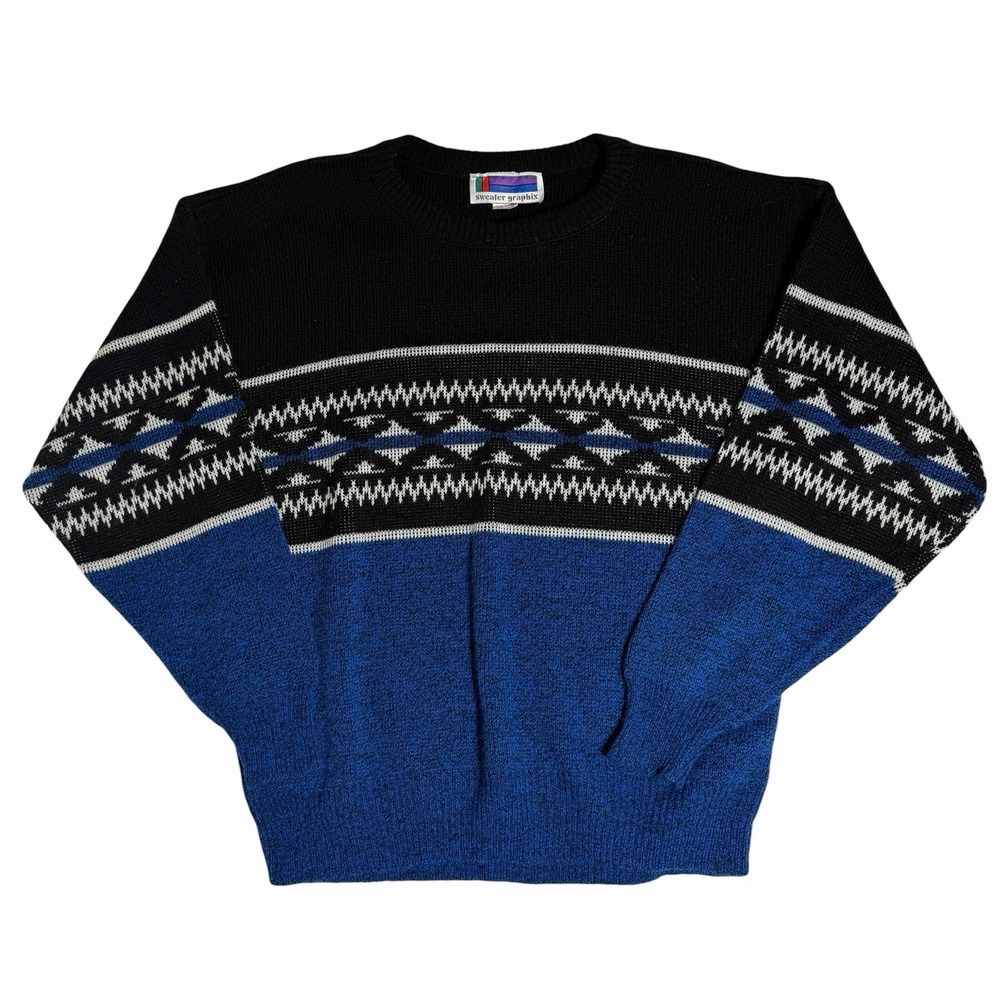Vintage Sweater Graphix XL Made USA Black Blue Geometric Knit Crewneck Sweater